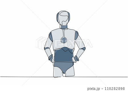 Continuous one line drawing robot standing and holding hand on hip. Confidence cyborg. Humanoid robot cybernetic organism. Future robotic development. Single line design vector graphic illustration Continuous one line drawing robot standing and holding hand on hip. Confidence cyborg. Humanoid robot cybernetic organism. Future robotic development. Single line design vector graphic illustration 110282898