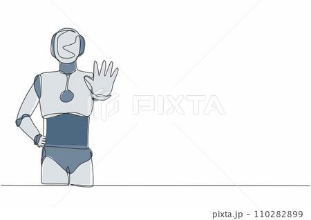 Single one line drawing robot standing with palm as stop signal, stay, hold, rejection gesture. Future technology development. Artificial intelligence. Continuous line draw design vector illustration Single one line drawing robot standing with palm as stop signal, stay, hold, rejection gesture. Future technology development. Artificial intelligence. Continuous line draw design vector illustration 110282899