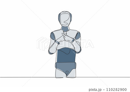 Continuous one line drawing robot standing with crossing fingers forming x. Banned. Say no. Humanoid robot cybernetic organism. Future robotic development. Single line draw design vector illustration 110282900