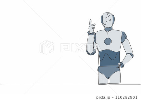 Single one line drawing robot standing with finger index up gesture. Emotion and body language. Artificial intelligence and machine learning processes. Continuous line draw design vector illustration 110282901