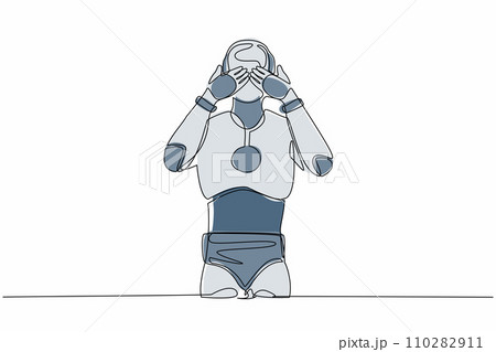 Single continuous line drawing robot standing with covering his eyes with hands because of disgust and reluctance to see something. Robotic artificial intelligence. One line design vector illustration 110282911