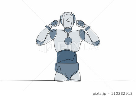 Continuous one line drawing robot standing with covering ears with fingers and annoyed expression for noise of loud sound or music. Humanoid robot organism. Single line draw design vector illustration 110282912