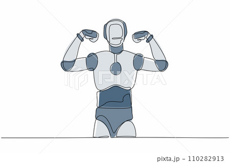 Single continuous line drawing robot standing with gestures two hand fist up. Strong humanoid robot cybernetic organism. Robotic artificial intelligence. One line graphic design vector illustration 110282913