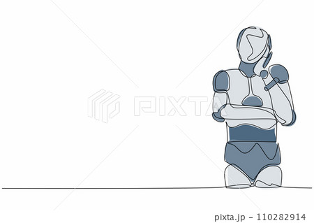 Single one line drawing robot standing with keeping hand on cheek. Robot suffering from toothache. Future technology. Artificial intelligence. Continuous line draw design graphic vector illustration 110282914