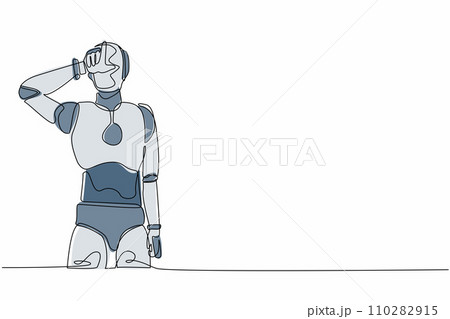 Continuous one line drawing robot standing with making 'L' symbol, showing loser sign on forehead with fingers. Future humanoid robotic development. Single line draw design vector graphic illustration 110282915