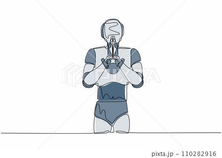 Single continuous line drawing robot standing with holding palms in prayer. Robot emotion, body language gesture. Modern robotic artificial intelligence. One line graphic design vector illustration 110282916