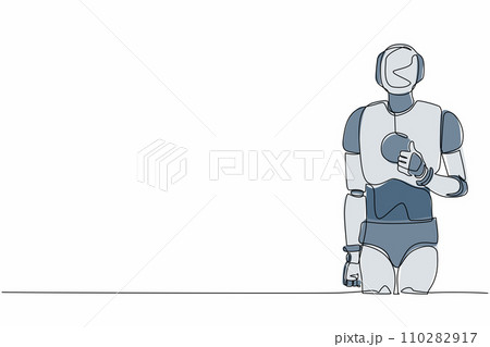 Continuous one line drawing robot standing with thumbs up gesture. Deal, like, agree, approve, accept. Humanoid cybernetic organism. Future robotic. Single line draw design vector graphic illustration 110282917