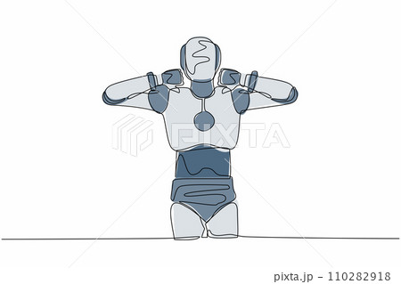 Single continuous line drawing robot standing with thumb down sign gesture. Dislike, disagree, disappointment, disapprove, no deal. Robotic artificial intelligence. One line design vector illustration 110282918