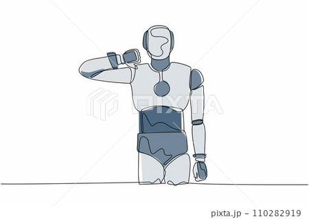 Continuous one line drawing robot standing with thumbs down sign gesture. Dislike, disagree, disappointment, disapprove, no deal. Humanoid robot cybernetic. Single line draw design vector illustration 110282919