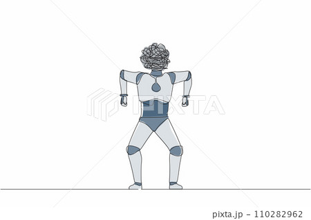Single continuous line drawing robot with round scribbles instead of head. Emotional robot in rage. Feeling anger. Future technology. Artificial intelligence. One line draw design vector illustration Single continuous line drawing robot with round scribbles instead of head. Emotional robot in rage. Feeling anger. Future technology. Artificial intelligence. One line draw design vector illustration 110282962