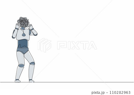 Single continuous line drawing robot with round scribbles instead of head. Robot shocked gesture with palm hands, shouting. Technology artificial intelligence. One line draw design vector illustration 110282963
