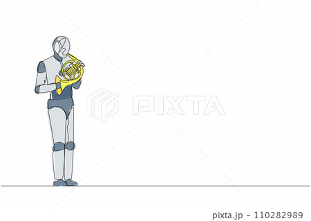 Continuous one line drawing robot musician performing classic melody on horn. Instrumentalist on brass instrument. Humanoid robot cybernetic organism. Single line graphic design vector illustration 110282989