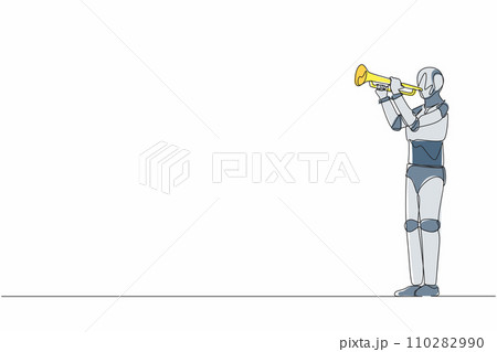 Single one line drawing robot playing trumpet at jazz music orchestra. Future technology development. Artificial intelligence and machine learning processes. Continuous line design vector illustration 110282990