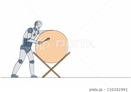 Single continuous line drawing robot hitting traditional drum in Islamic music festival. Robot artificial intelligence. Electronic technology industry. One line draw graphic design vector illustration 110282991
