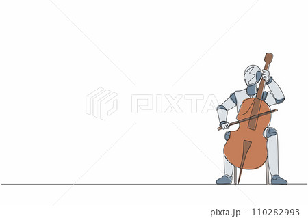 Single one line drawing robot playing stringed contrabass or cello. Future technology development. Artificial intelligence and machine learning. Continuous line draw design graphic vector illustration Single one line drawing robot playing stringed contrabass or cello. Future technology development. Artificial intelligence and machine learning. Continuous line draw design graphic vector illustration 110282993