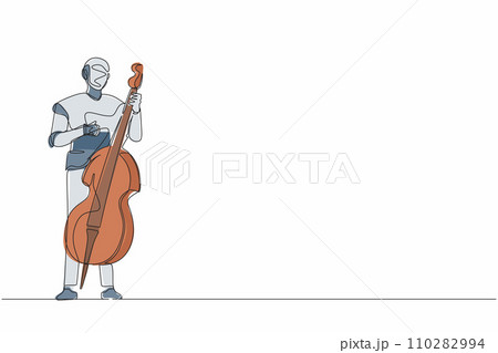 Continuous one line drawing robot musician playing double bass or contrabassist with finger. Humanoid robot cybernetic organism. Future robotic development. Single line draw design vector illustration Continuous one line drawing robot musician playing double bass or contrabassist with finger. Humanoid robot cybernetic organism. Future robotic development. Single line draw design vector illustration 110282994