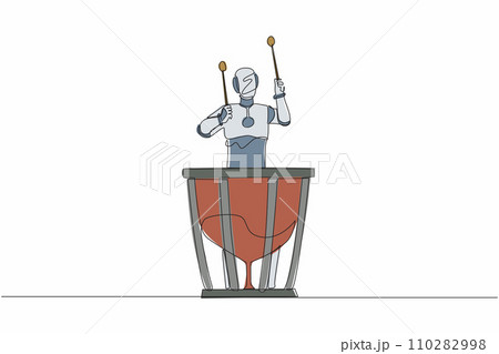 Single continuous line drawing robot percussion player holding stick and play timpani. Robotic artificial intelligence. Electronic technology industry. One line draw graphic design vector illustration 110282998