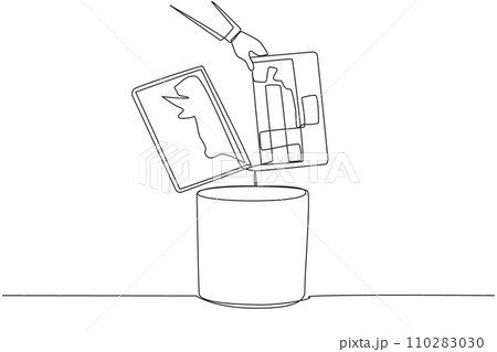 Continuous one line drawing businessman's hand throwing away a laptop with a cracked screen. The latest technology that cannot be utilized. Useless. Broken. Single line draw design vector illustration 110283030