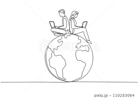 Single one line drawing man and woman sitting on globe typing on a laptop. Plan and create broadcast messages to jointly protect the beauty of the earth. Continuous line design graphic illustration 110283064