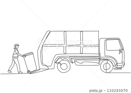 Single continuous line drawing trash woman loads the trash can into the trash truck. The next part is taken to the landfill. Cleaning up the environment. Recycling. One line design vector illustration 110283070