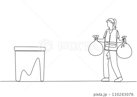 Single continuous line drawing trash woman carrying two plastic trash bags. Bring household rubbish to throw in the rubbish bin. Consciously maintain cleanliness. One line design vector illustration 110283076