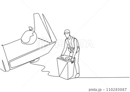 Single continuous line drawing trash man is preparing to lift the trash can into the back of the dump truck. Work with dedication. To keep the environment clean. One line design vector illustration 110283087