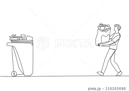 Single one line drawing a young man walked carrying a trash bag in both hands towards the trash can. A campaign for environmental advertising. Lifestyle. Continuous line design graphic illustration 110283098