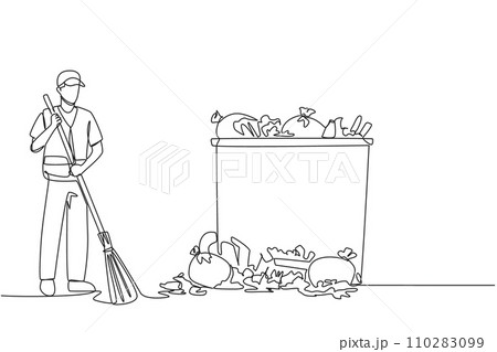 Continuous one line drawing trash man cleans rubbish by sweeping it into a pile of rubbish. With large trash can, it can accommodate all rubbish. Good job. Single line draw design vector illustration 110283099