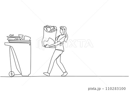 Single continuous line drawing young woman walked carrying a trash bag in both hands towards the trash can. Carry out social actions to care about cleanliness. One line design vector illustration 110283100