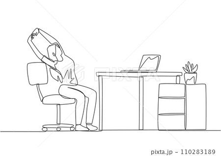 Continuous one line drawing woman sitting in work chair while raising both hands. Tense because too focused. Relax for a moment before continuing work. Single line draw design vector illustration 110283189