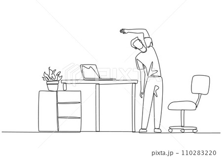 Single one line drawing man stands while raising one hand and tilting body. Light exercise while at the office. Helps mind to focus. Overtime on weekends. Continuous line design graphic illustration 110283220