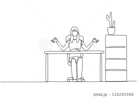 Continuous one line drawing woman sitting in work chair with her fingers rounded. Like doing yoga movements. Looking for peace of mind. Overtime on weekend. Single line draw design vector illustration 110283308