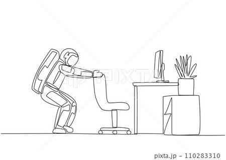 Single continuous line drawing astronaut stands with a slight bend and both hands hold the top of chair. Stretching. Nervous. It's time to go on a space expedition. One line design vector illustration Single continuous line drawing astronaut stands with a slight bend and both hands hold the top of chair. Stretching. Nervous. It's time to go on a space expedition. One line design vector illustration 110283310