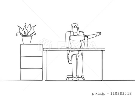 Single continuous line drawing woman sitting in work chair with arms crossed. Stretch to relax hand and finger muscles. Create multiple reports. Hectic. Overtime. One line design vector illustration 110283318