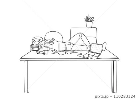 Continuous one line drawing robot fell asleep on the table with a pillow from a pile of papers. Advanced code program. Getting smarter about light sensors. Single line draw design vector illustration Continuous one line drawing robot fell asleep on the table with a pillow from a pile of papers. Advanced code program. Getting smarter about light sensors. Single line draw design vector illustration 110283324