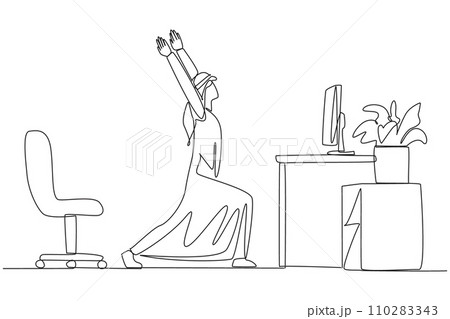Single continuous line drawing Arabian man stands with both hands raised and legs stretched. Start overtime on the weekend with stretching. Don't want to stress. One line design vector illustration 110283343