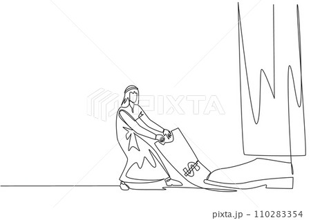 Single one line drawing Arab businessman pulling banknotes that were stepped on by the giant feet. Seize payment rights from unjust sovereigns. Struggle. Continuous line design graphic illustration Single one line drawing Arab businessman pulling banknotes that were stepped on by the giant feet. Seize payment rights from unjust sovereigns. Struggle. Continuous line design graphic illustration 110283354
