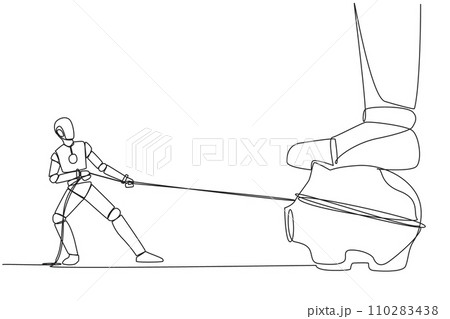 Single continuous line drawing smart robot tries to take piggy bank stepped on by giant foot. With artificial intelligence, pulling with a rope. Technology AI. One line design vector illustration Single continuous line drawing smart robot tries to take piggy bank stepped on by giant foot. With artificial intelligence, pulling with a rope. Technology AI. One line design vector illustration 110283438