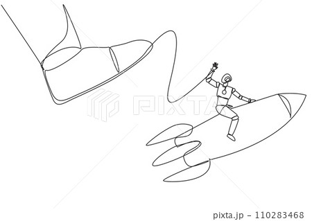 Single continuous line drawing smart robot riding a rocket flies away from the giant foot. Survive big shocks and be ready to open a new business. Future tech. One line design vector illustration Single continuous line drawing smart robot riding a rocket flies away from the giant foot. Survive big shocks and be ready to open a new business. Future tech. One line design vector illustration 110283468