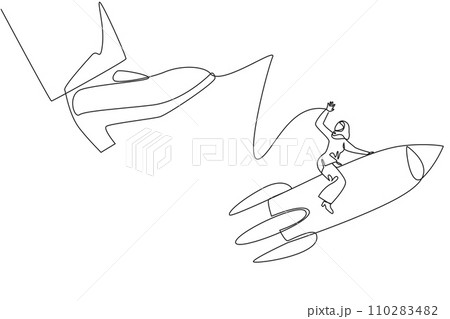 Single continuous line drawing Arab businesswoman riding rocket flies away from giant foot. Preparation opening new business when big obstacles stand in the way. One line design vector illustration Single continuous line drawing Arab businesswoman riding rocket flies away from giant foot. Preparation opening new business when big obstacles stand in the way. One line design vector illustration 110283482