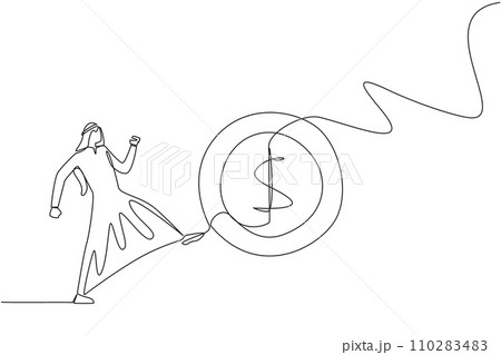 Single one line drawing Arabian businessman kicking a coin with a dollar symbol. Actions that are not worthy of imitation. Throwing away capital for free. Continuous line design graphic illustration Single one line drawing Arabian businessman kicking a coin with a dollar symbol. Actions that are not worthy of imitation. Throwing away capital for free. Continuous line design graphic illustration 110283483