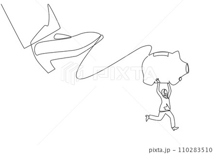 Continuous one line drawing Arabian businesswoman carrying piggy bank run away from giant foot. Avoids much more serious problems. Saving assets. Struggle. Single line draw design vector illustration 110283510