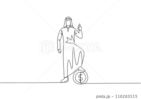 Single one line drawing Arabian businessman stands in a thumbs up pose and steps on a large coin with a dollar symbol. The small capital for big profits. Continuous line design graphic illustration 110283515