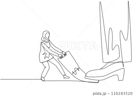 Single continuous line drawing Arab businesswoman pulling banknotes that were stepped on by the giant feet. Extra struggle to withdraw the money that due payment. One line design vector illustration Single continuous line drawing Arab businesswoman pulling banknotes that were stepped on by the giant feet. Extra struggle to withdraw the money that due payment. One line design vector illustration 110283520