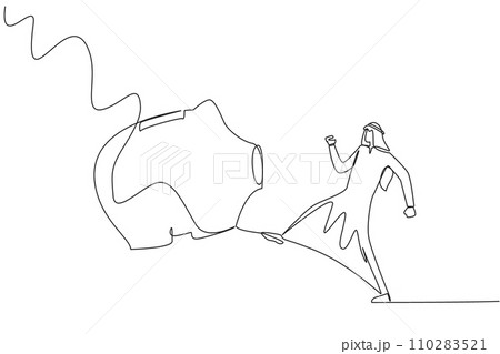 Single one line drawing Arab businessman kicking piggy bank. Emotions reduce intelligence. Wasting quite a large asset. The opportunity to invest is wasted. Continuous line design graphic illustration Single one line drawing Arab businessman kicking piggy bank. Emotions reduce intelligence. Wasting quite a large asset. The opportunity to invest is wasted. Continuous line design graphic illustration 110283521