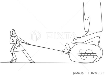 Continuous one line drawing Arabian businesswoman tries to take money bag stepped on by giant foot. Try hard to pull using the rope. Get the most profit. Single line draw design vector illustration Continuous one line drawing Arabian businesswoman tries to take money bag stepped on by giant foot. Try hard to pull using the rope. Get the most profit. Single line draw design vector illustration 110283522