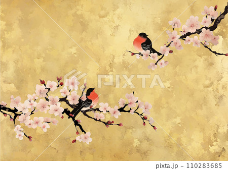 Sakura and Birds of Vintage Japanese Gold Paint 110283685