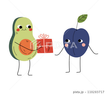 Cute Avocado Giving Gift Box to Smiling Plum, Cheerful Fruits Characters with Funny Faces, Best Friends, Happy Couple in Love Vector Illustration 110283717