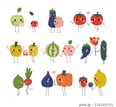 Collection of Cute Cheerful Vegetables, Fruits and Berries Characters Holding Hands, Hugging and Giving Gifts, Best Friends, Happy Couples in Love Vector Illustration Collection of Cute Cheerful Vegetables, Fruits and Berries Characters Holding Hands, Hugging and Giving Gifts, Best Friends, Happy Couples in Love Vector Illustration 110283725