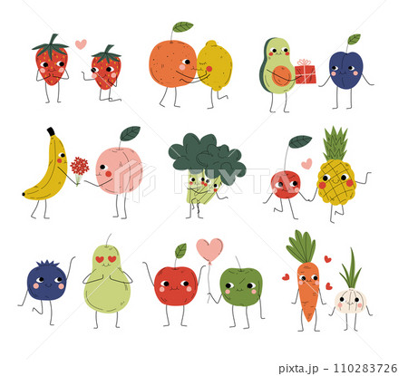 Collection of Cute Cheerful Vegetables, Fruits and Berries Characters Holding Hands, Hugging, Kissing and Giving Gifts, Best Friends, Happy Couples in Love Vector Illustration Collection of Cute Cheerful Vegetables, Fruits and Berries Characters Holding Hands, Hugging, Kissing and Giving Gifts, Best Friends, Happy Couples in Love Vector Illustration 110283726